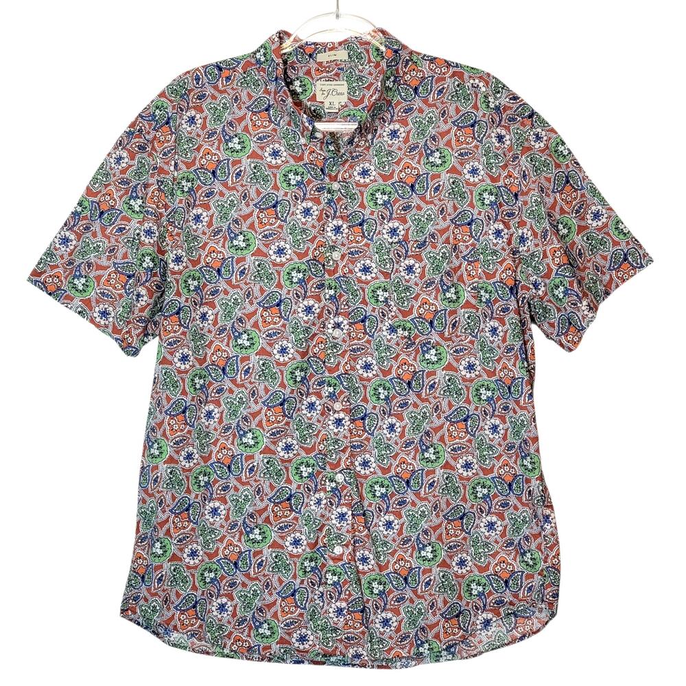 J. Crew Paisley Floral Short Sleeve Button Down Slim Shirt Blue Green Size XL
